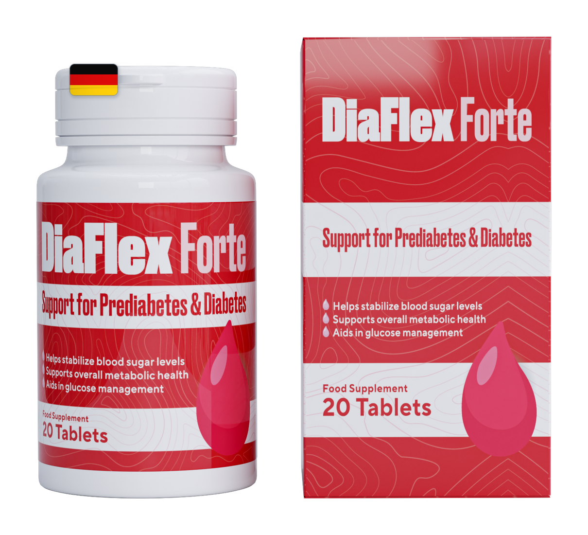 DiaFlex Forte — Dose und Faltschachtel des Nahrungsergänzungsmittels, 20 Tabletten