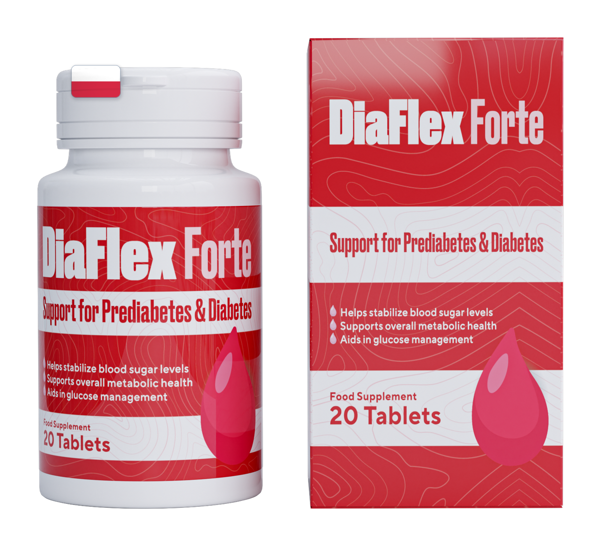 DiaFlex Forte — butelka i pudełko suplementu diety, 20 tabletek