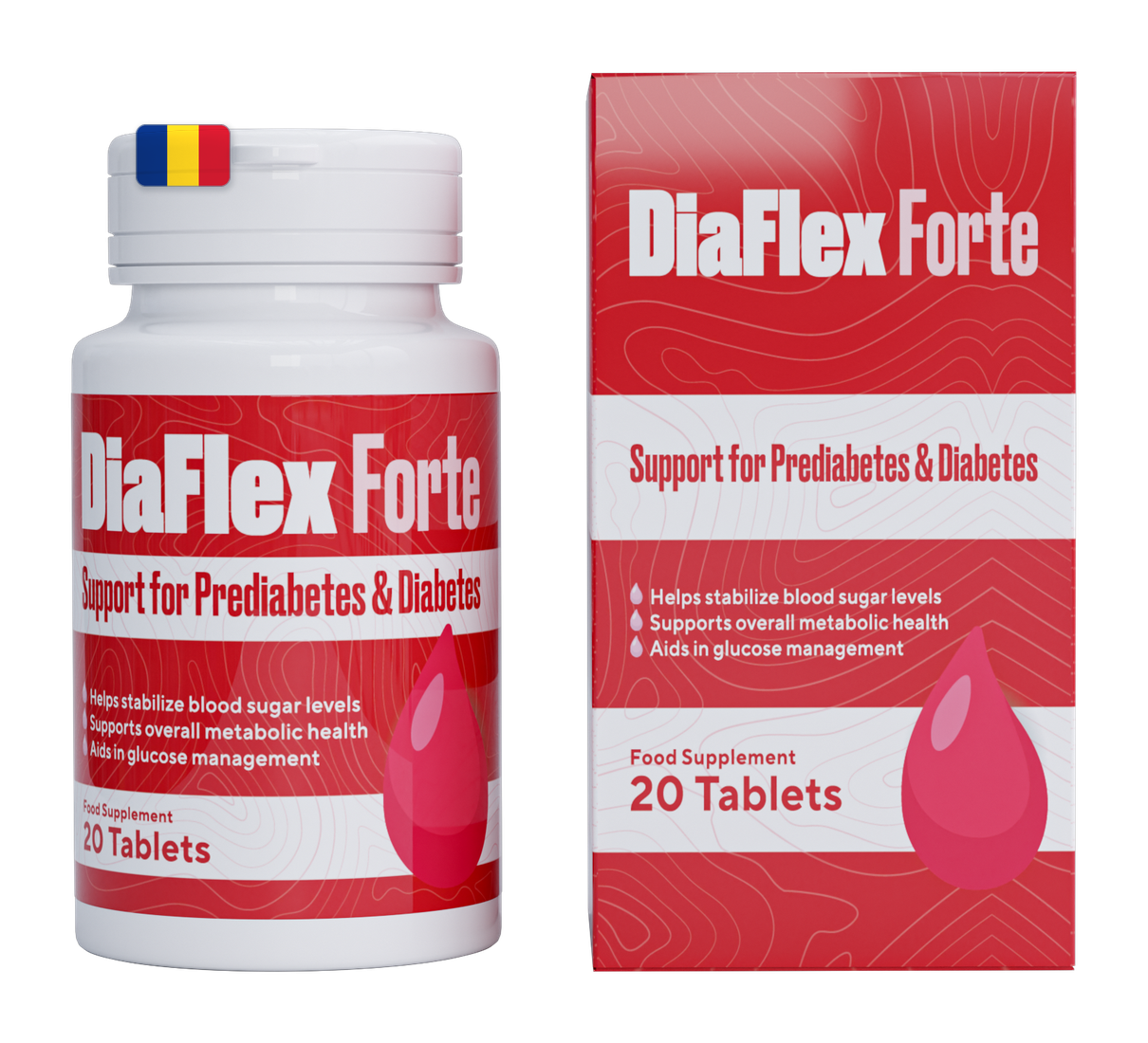DiaFlex Forte — flaconul și cutia suplimentului alimentar, 20 de comprimate