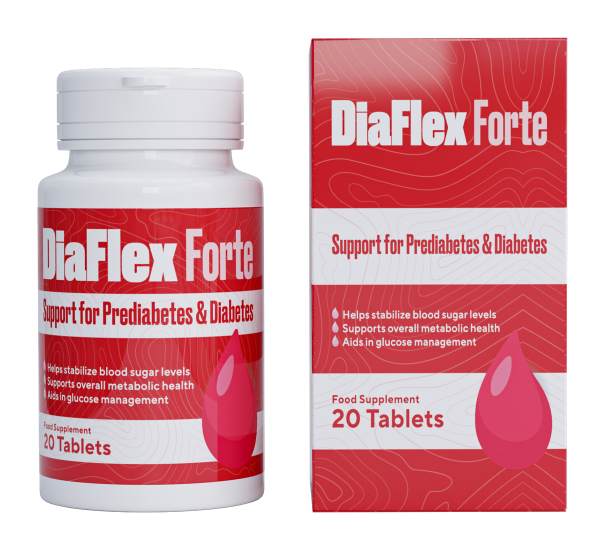 DiaFlex Forte — bottle and box of the food supplement, 20 tablets