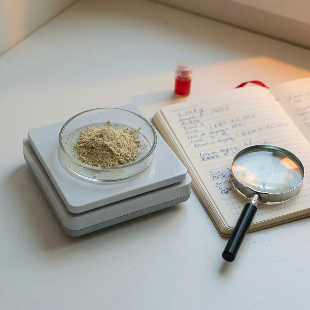 Waga laboratoryjna z roślinnym proszkiem, notes z pomiarami i lupa